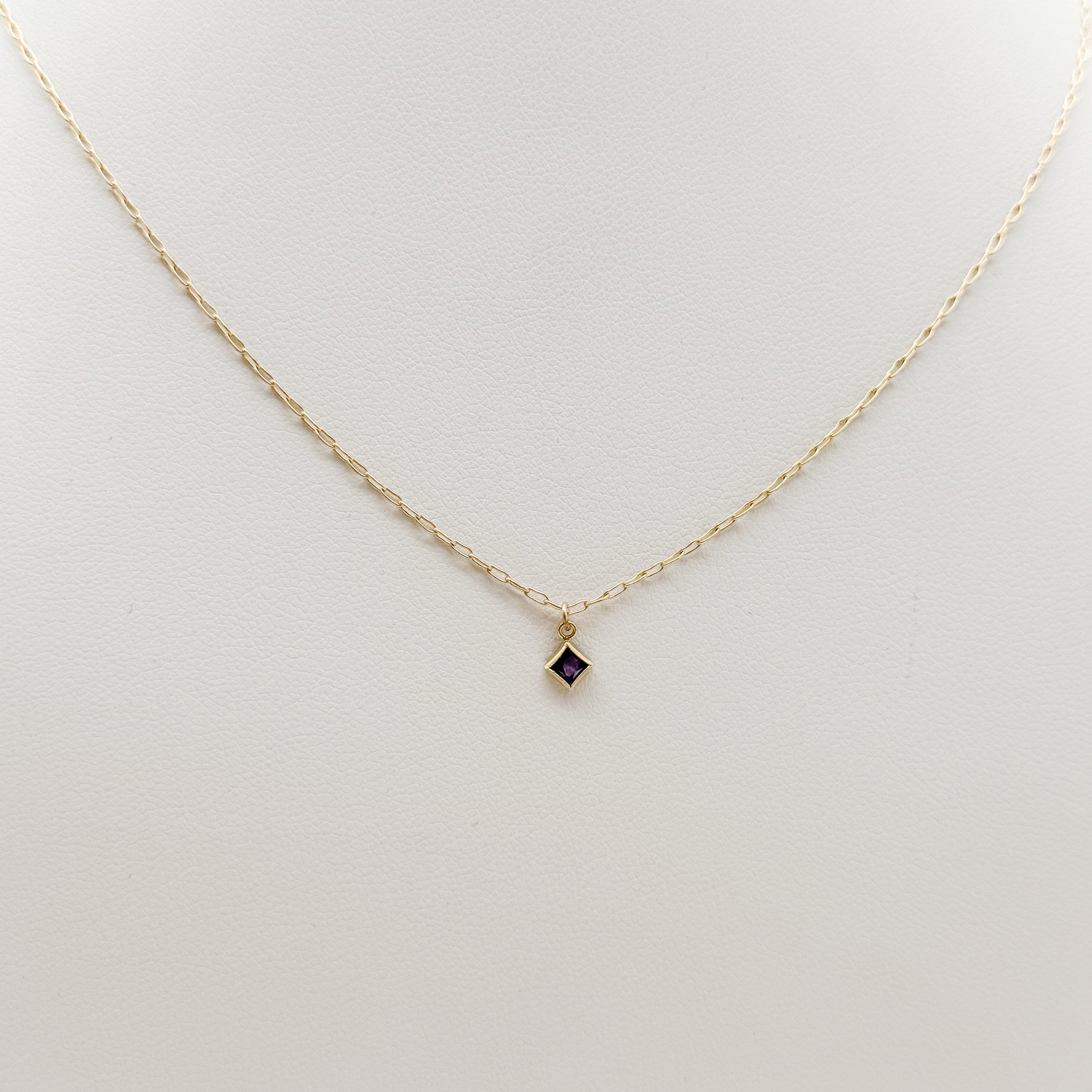 amethyst birthstone necklace, birthstone, necklace, mini paperclip chain necklace, gold filled, essbe, michigan made