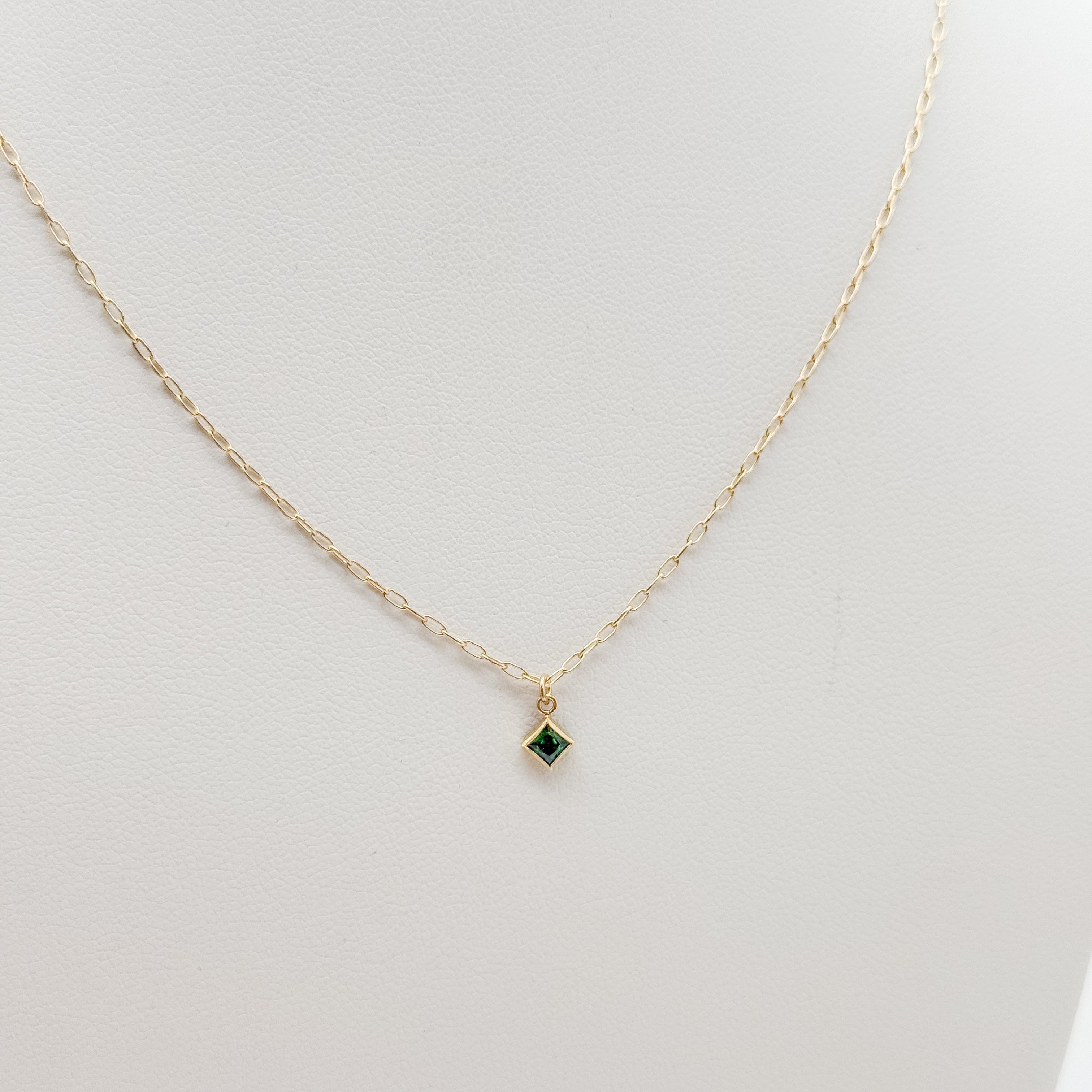 emerald birthstone necklace, birthstone, necklace, mini paperclip chain necklace, gold filled, essbe, michigan made