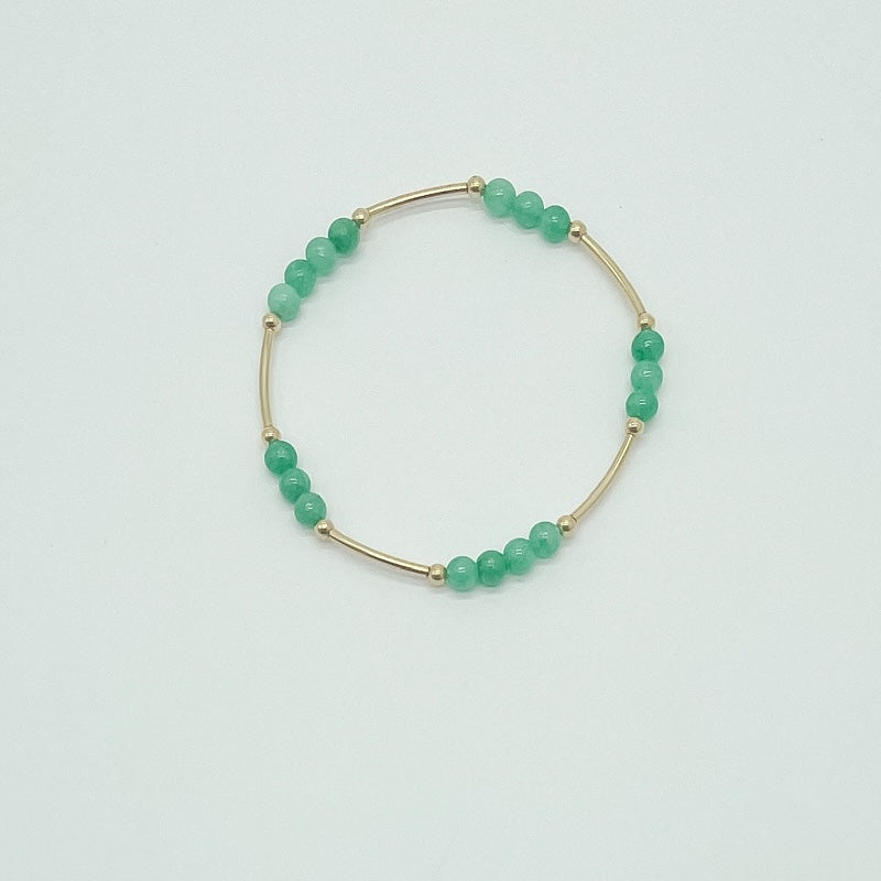 green beaded bracelet with 14k gold filled tube beads and 3mm beads, essbe, michigan, rochester, small business, made in michigan