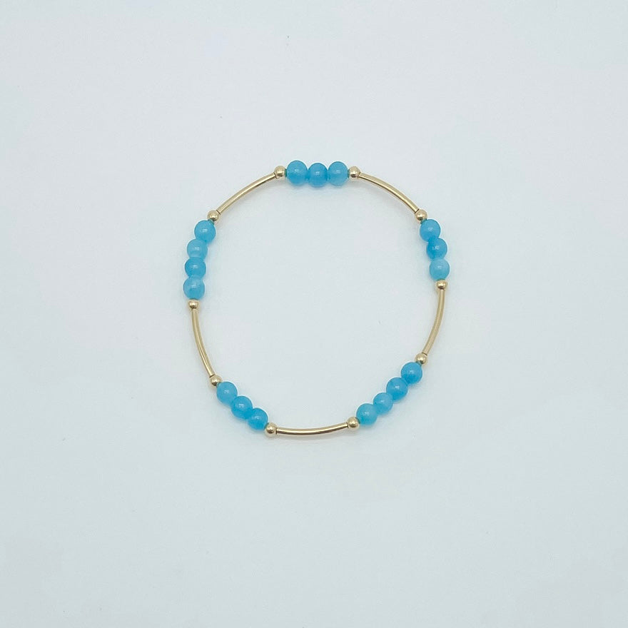 blue beaded bracelet with 14k gold filled tube beads and 3mm beads, essbe, michigan, rochester, small business, made in michigan