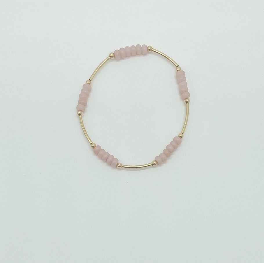 pink beaded bracelet with 14k gold filled tube beads and 3mm beads, essbe, michigan, rochester, small business, made in michigan, blush beaded bracelet