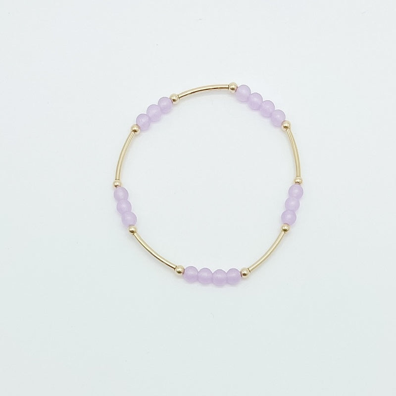 lilac beaded bracelet with 14k gold filled tube beads and 3mm beads, essbe, michigan, rochester, small business, made in michigan