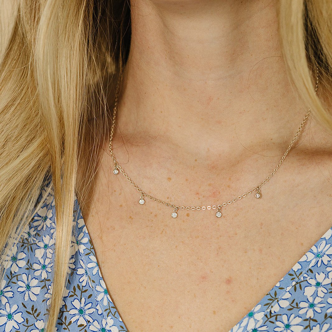 sterling silver necklace with cubic zirconia charms, 14 gold filled necklace with CZ charms, small business, handmade, simple necklace, michigan made, stackable necklace, dainty necklace, diamond charms, Necklace stack inspo