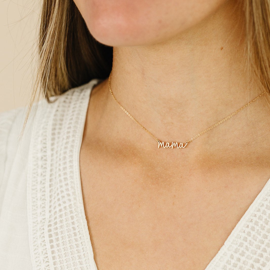 mama necklace, gifts for mom, simple necklace, dainty necklace, waterproof necklace, gold-filled necklace, small business, essbe, michigan made, stackable necklace