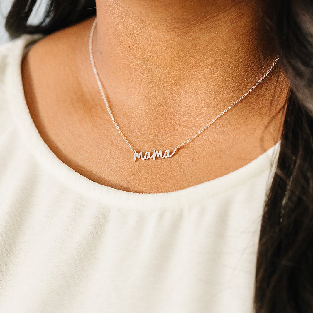 mama necklace, gifts for mom, simple necklace, dainty necklace, waterproof necklace, sterling silver necklace, small business, essbe, michigan made, stackable necklace