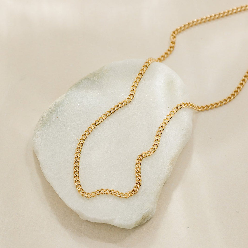 14k gold-filled curb chain necklace, curb necklace, waterproof necklace, no tarnish necklace, gold curb necklace, small business, essbe, michigan made, handmade