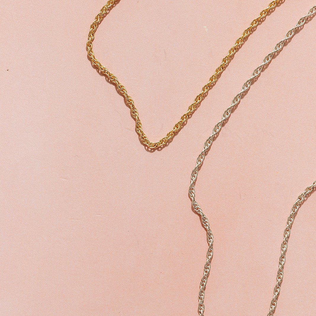 medium rope necklace chain, 14k gold-filled, michigan made, small business, women-owned, essbe, handmade, stackable necklace, waterproof necklace, sterling silver necklace