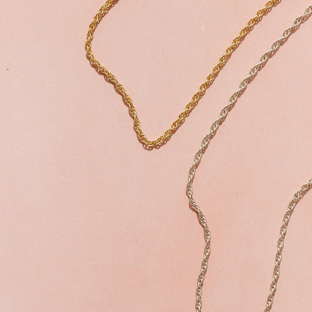 medium rope necklace chain, 14k gold-filled, michigan made, small business, women-owned, essbe, handmade, stackable necklace, waterproof necklace, sterling silver necklace