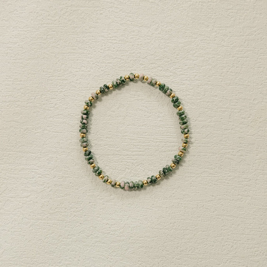 Millie beaded bracelet, handmade, small business, green beaded bracelet, green spot jasper beads, 3mm gold filled beads, michigan ,essbe, small buisness, fall bracelet, beaded bracelet, elastic bracelet, Michigan made