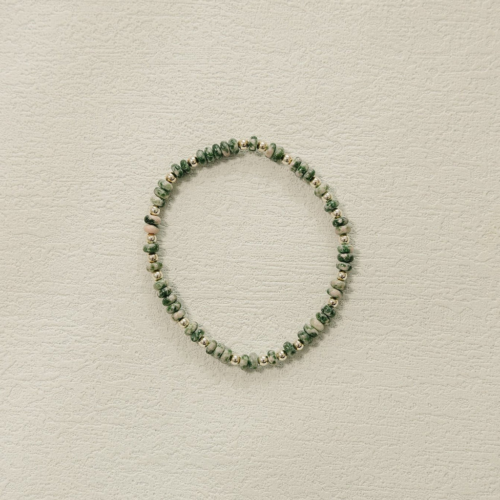 Millie beaded bracelet, handmade, small business, green beaded bracelet, green spot jasper beads, 3mm gold filled beads, michigan ,essbe, small buisness, fall bracelet, beaded bracelet, elastic bracelet, Michigan made, sterling silver beads