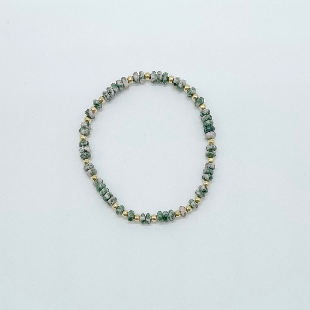 Millie beaded bracelet, handmade, small business, green beaded bracelet, green spot jasper beads, 3mm gold filled beads, michigan ,essbe, small buisness, fall bracelet, beaded bracelet, elastic bracelet, Michigan made