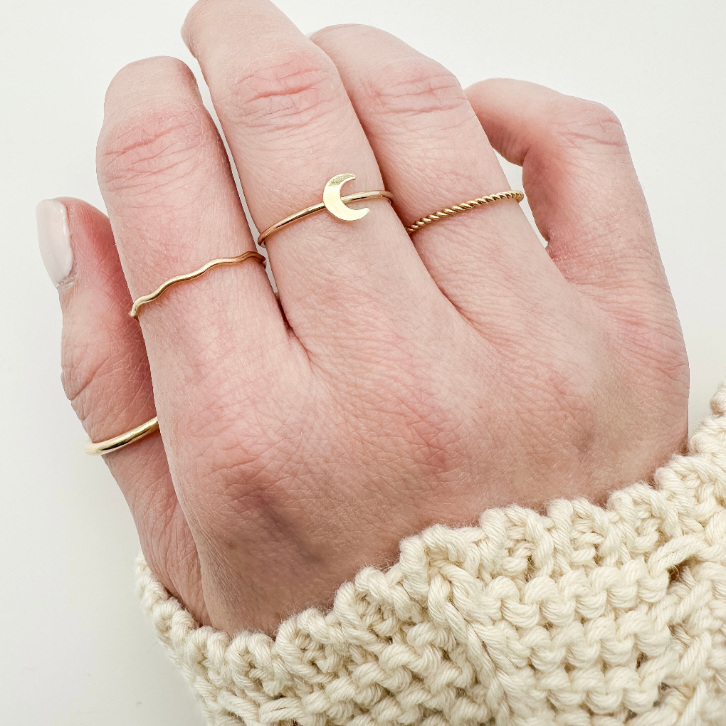 moon ring, gold filled ring, sterling silver ring, waterproof ring, small business, dainty ring, stackable ring, essbe, women owned