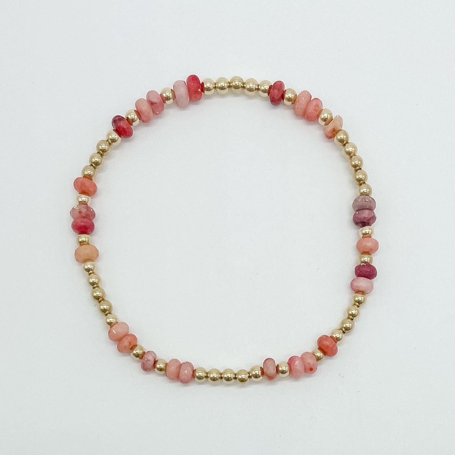 Natalie beaded bracelet, dolomite beaded bracelet, beaded bracelet, fall bracelet, fall collection, elastic bracelet, handmade, small business, 3mm gold filled beads, gold beaded bracelet, essbe, michigan made, pink bracelet