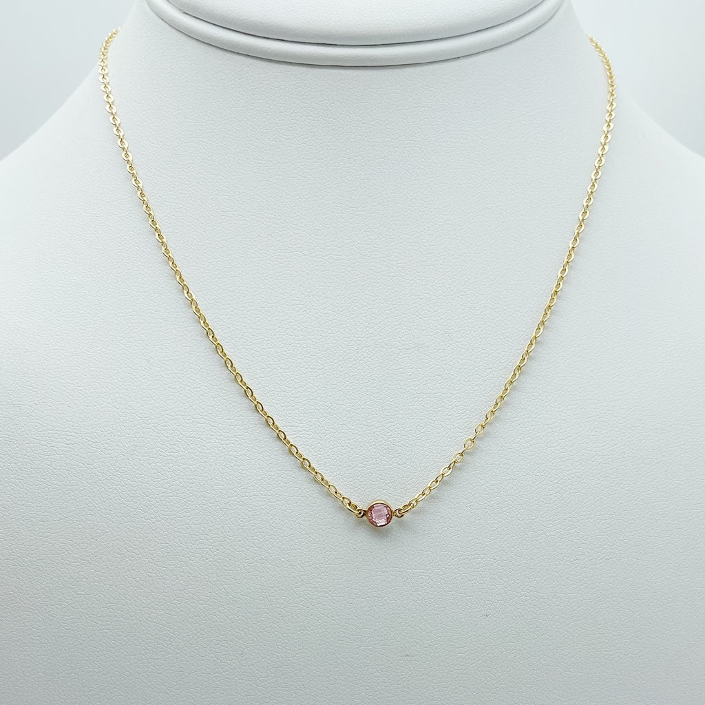 pink tourmaline birthstone necklace, birthstone necklace, necklace, cable chain necklace, 14k gold-filled, essbe, michigan made