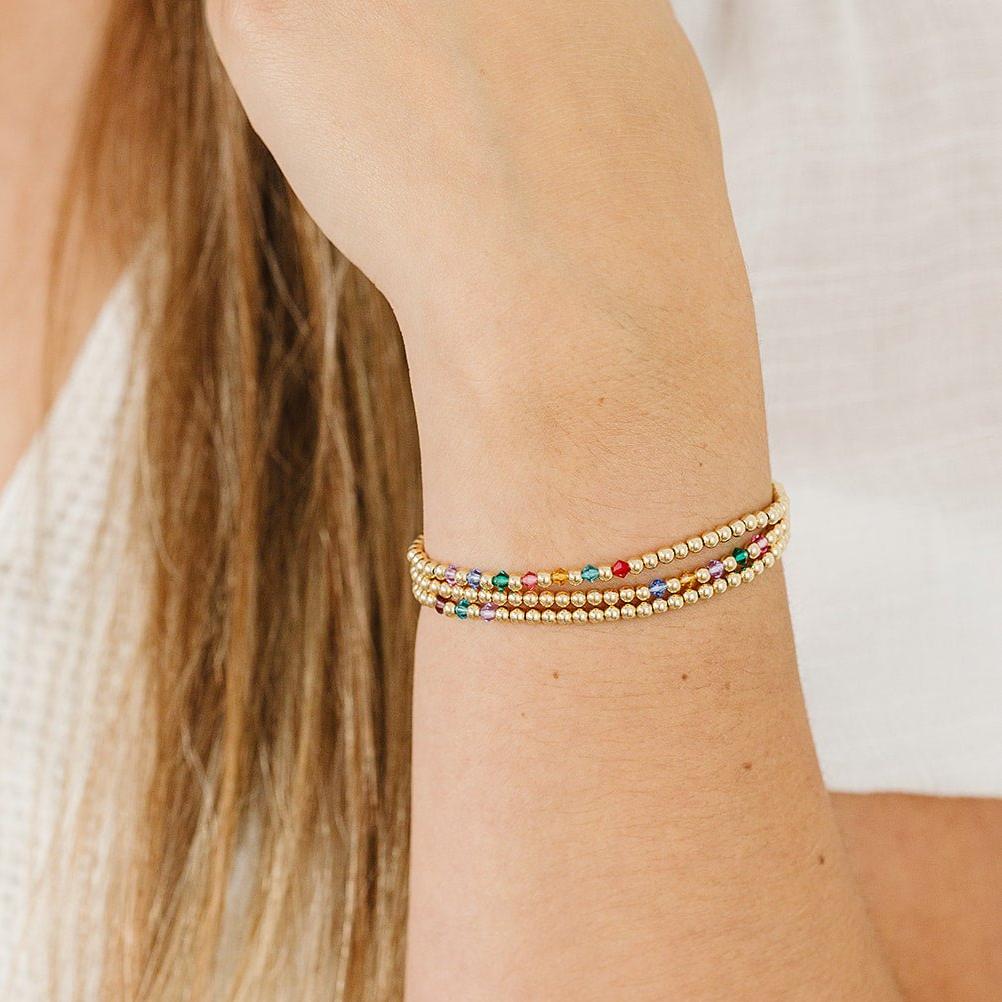 Personalized bracelets, elastic bracelets, beaded bracelet, gold-filled bracelet, dainty bracelet, handmade, essbe, small business, name bracelet, birthstone bracelets, sterling silver bracelet