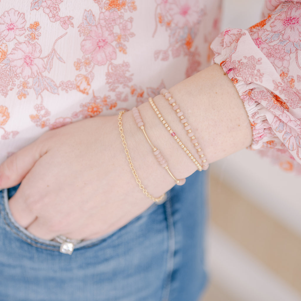 pink opal beaded bracelet, gold-filled spacer beads, bracelet stack inspiration 