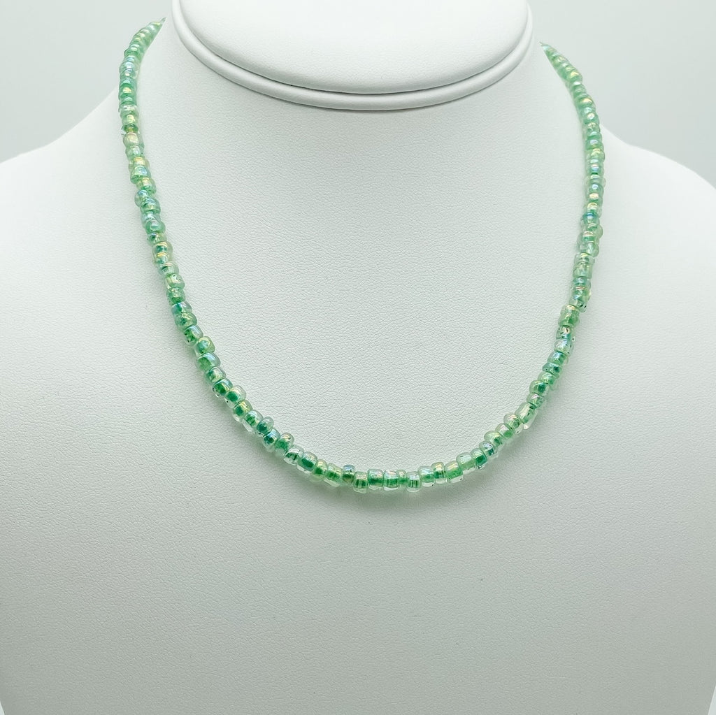 beaded necklace, green, blue essbe, michigan made, rochester, handmade