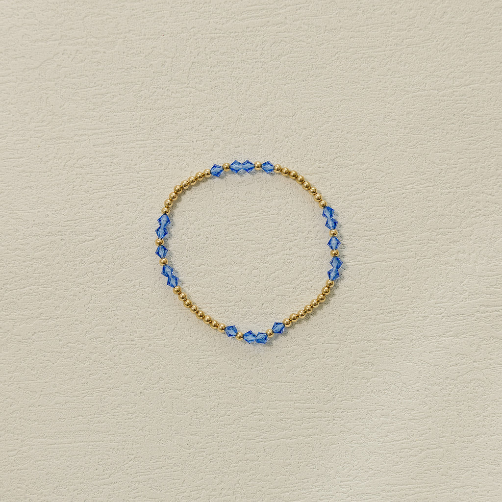 September bracelet, birthstone bracelet, elastic, gold filled, small business, handmade, beaded bracelet, 3mm beads, dainty, stackable jewelry, sapphire bracelet, 4mm beads, pop of color bracelet, semi-personalized gift