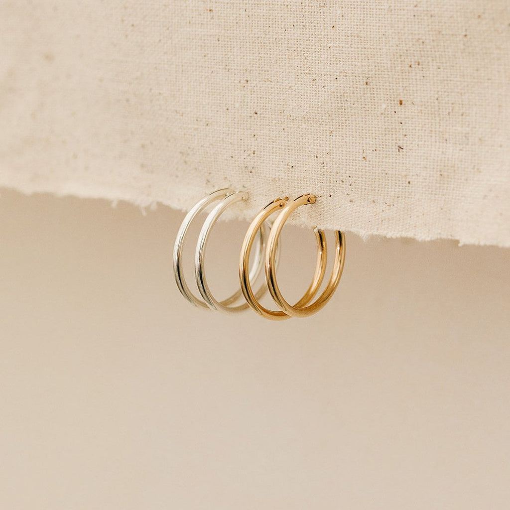 everyday hoops, gold-filled hoops, essbe, michigan, small business, gift idea for her, sterling silver hoops, simple hoops, waterproof earrings, trendy hoops, everyday jewelry, 29mm hoops