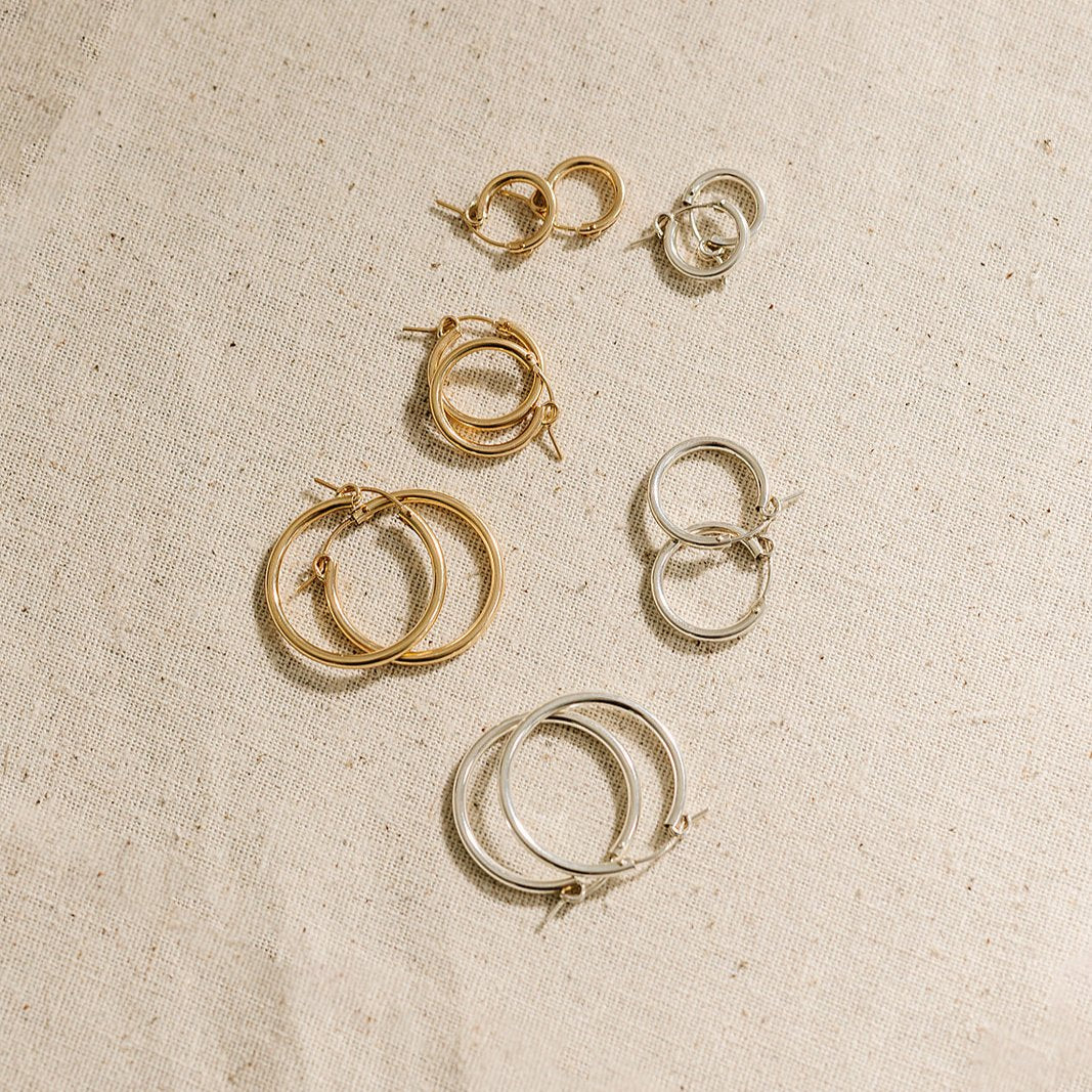 everyday hoops, gold-filled hoops, essbe, michigan, small business, gift idea for her, sterling silver hoops, simple hoops, waterproof earrings, trendy hoops, everyday jewelry