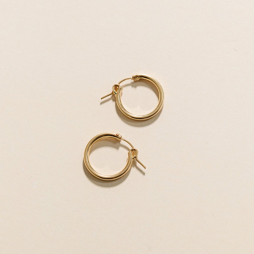 everyday hoops, gold-filled hoops, essbe, michigan, small business, gift idea for her, sterling silver hoops, simple hoops, waterproof earrings, trendy hoops, everyday jewelry, 13mm hoops, 19mm hoops, 29mm hoops