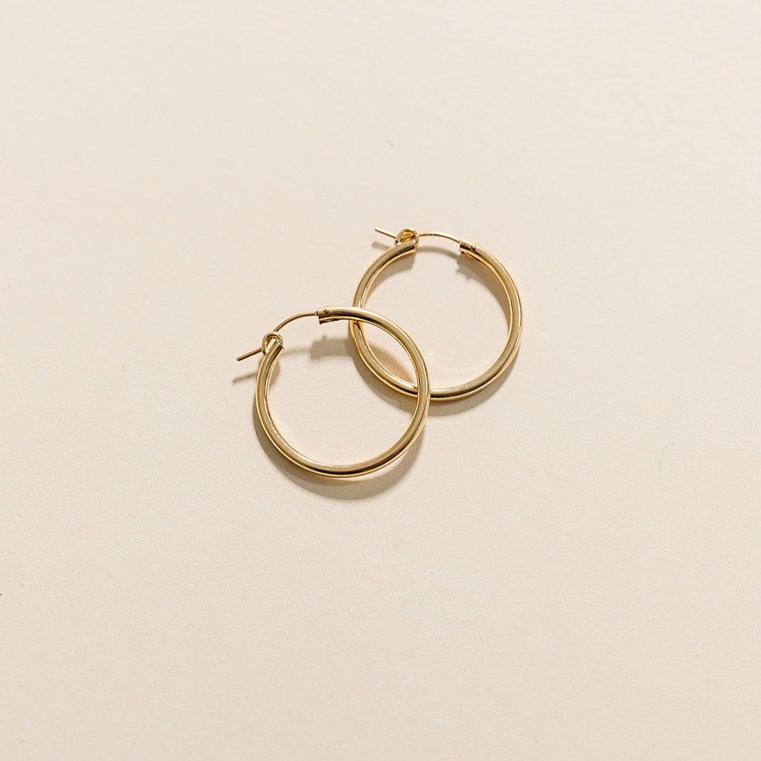 everyday hoops, gold-filled hoops, essbe, michigan, small business, gift idea for her, sterling silver hoops, simple hoops, waterproof earrings, trendy hoops, everyday jewelry, 13mm hoops, 19mm hoops, 29mm hoops