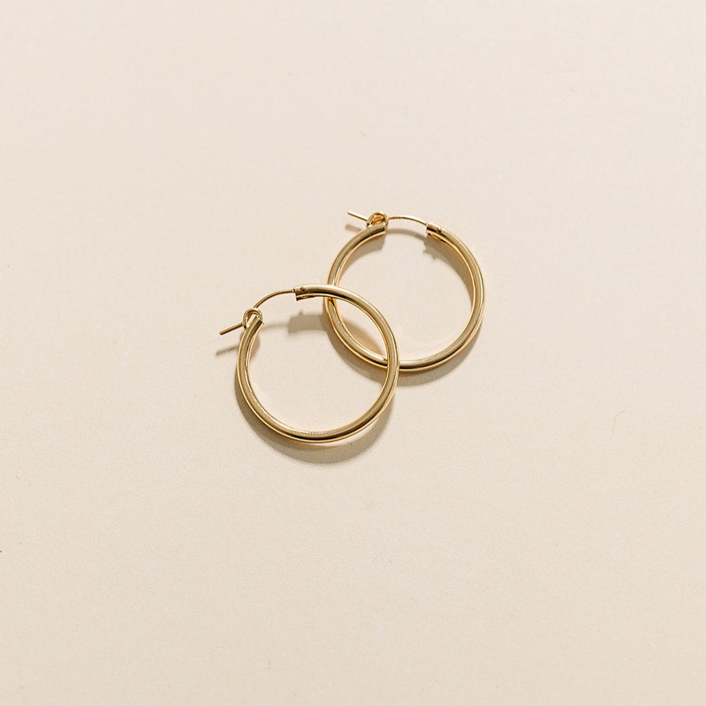 everyday hoops, gold-filled hoops, essbe, michigan, small business, gift idea for her, sterling silver hoops, simple hoops, waterproof earrings, trendy hoops, everyday jewelry, 13mm hoops, 19mm hoops, 29mm hoops