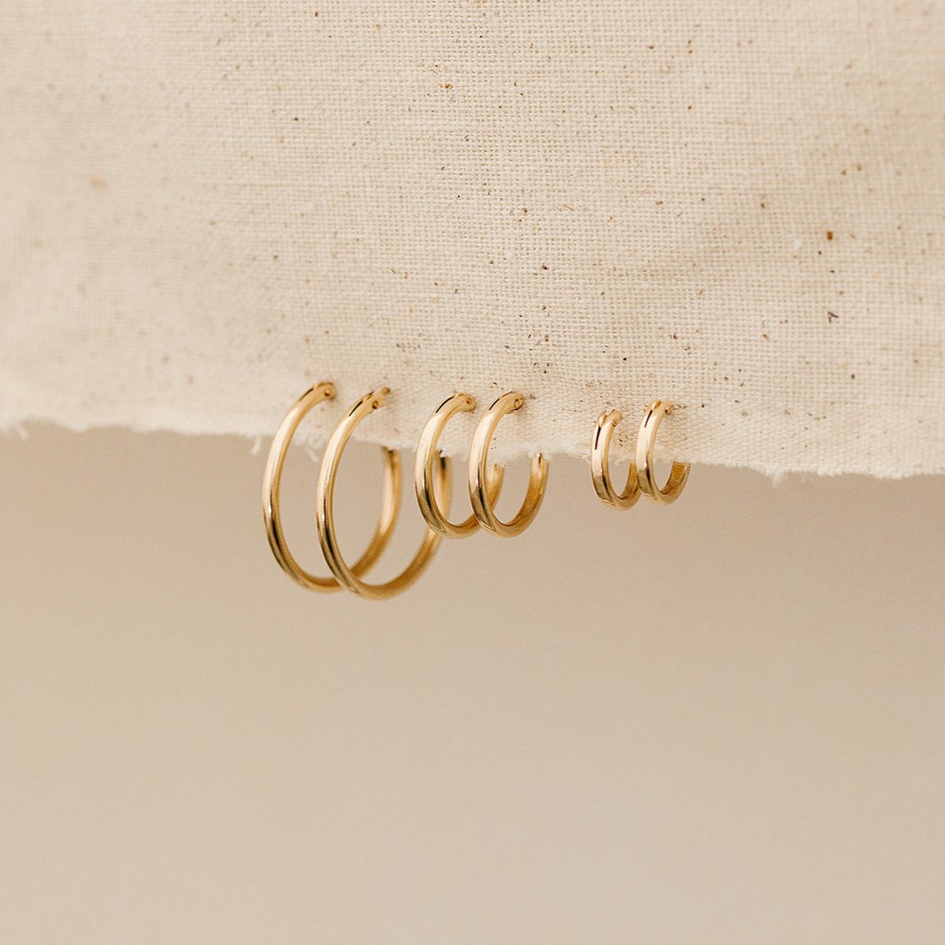 everyday hoops, gold-filled hoops, essbe, michigan, small business, gift idea for her, sterling silver hoops, simple hoops, waterproof earrings, trendy hoops, everyday jewelry, 13mm hoops, 19mm hoops, 29mm hoops