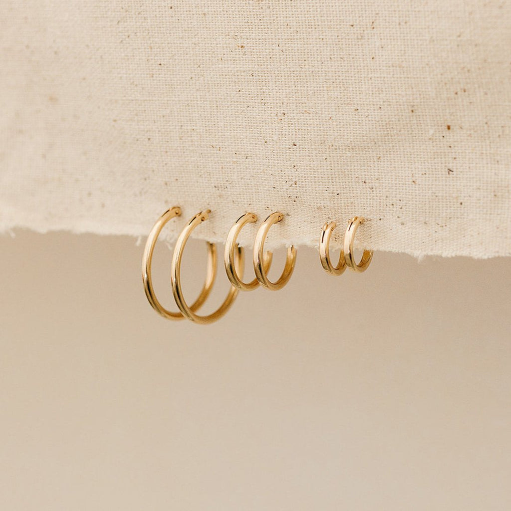 everyday hoops, gold-filled hoops, essbe, michigan, small business, gift idea for her, sterling silver hoops, simple hoops, waterproof earrings, trendy hoops, everyday jewelry, 13mm hoops, 19mm hoops, 29mm hoops