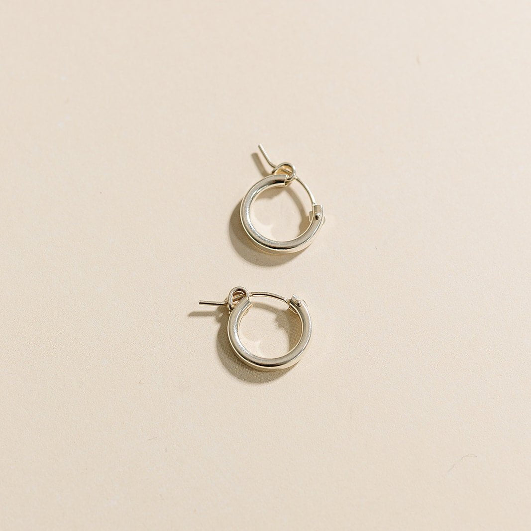 everyday hoops, gold-filled hoops, essbe, michigan, small business, gift idea for her, sterling silver hoops, simple hoops, waterproof earrings, trendy hoops, everyday jewelry, 13mm hoops, 19mm hoops, 29mm hoops