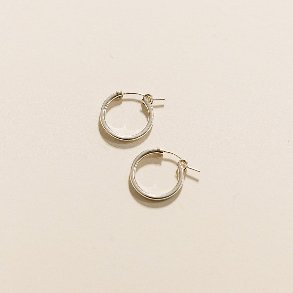 everyday hoops, gold-filled hoops, essbe, michigan, small business, gift idea for her, sterling silver hoops, simple hoops, waterproof earrings, trendy hoops, everyday jewelry, 13mm hoops, 19mm hoops, 29mm hoops