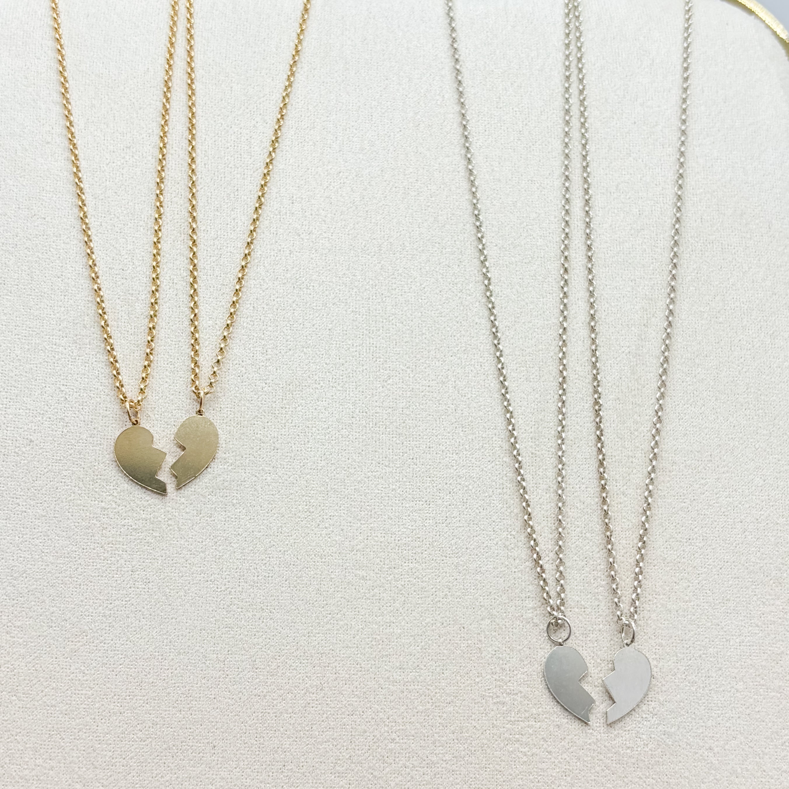 gold filled, sterling silver, necklace, chain necklace, split heart, heart charm, matching necklaces