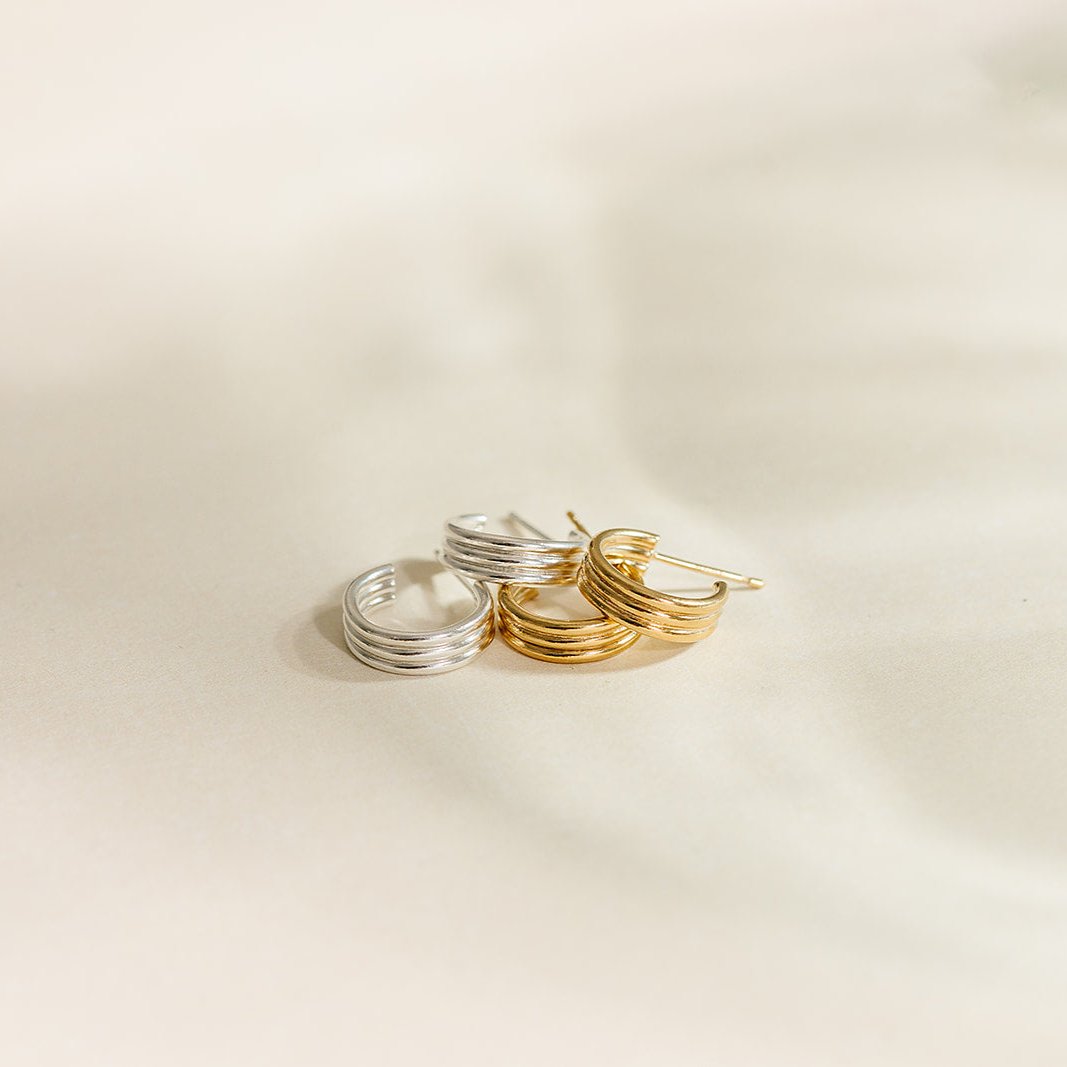 gold filled hoop earrings, gold filled triple hoop earrings, small gold filled earrings, gold filled hoop earrings, gold filled earrings, waterproof earrings, sterling silver earrings, sterling silver hoops