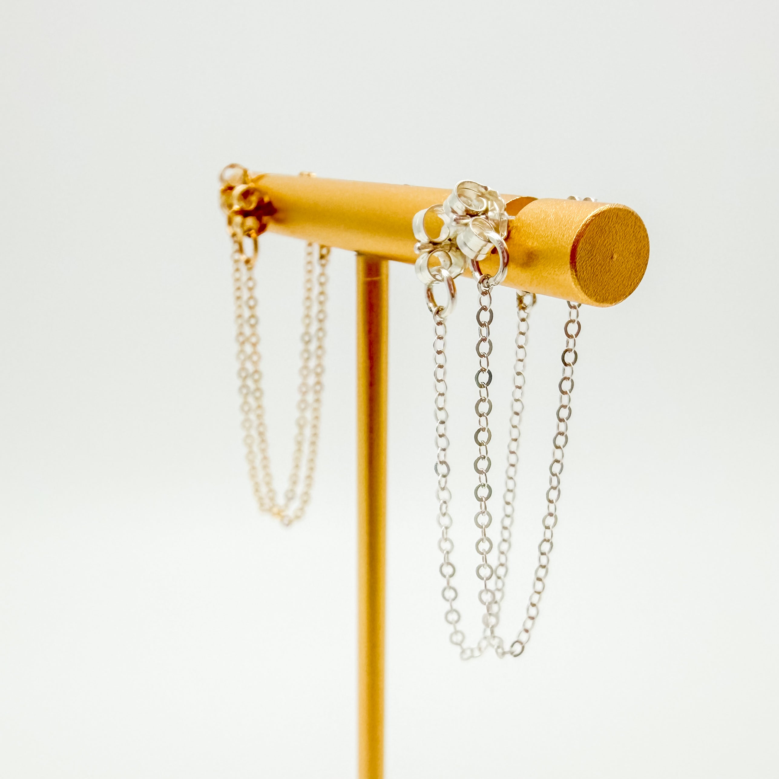 sterling silver chain earrings, gold-filled chain earrings, heart stud with drop chain earrings