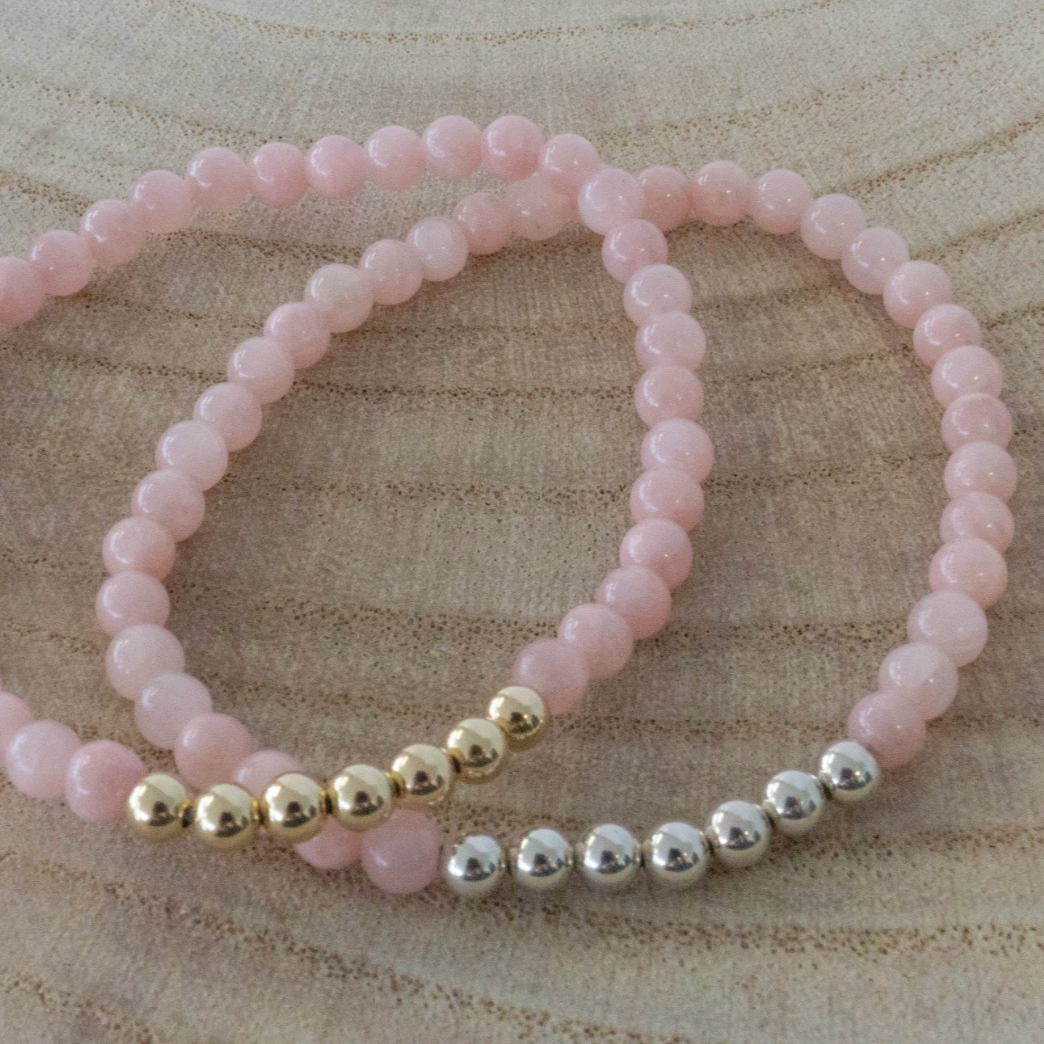 Ella beaded bracelet, light pink bracelet, handmade, small business, 14k gold-filled beads, sterling silver beads, gold filled bracelet, sterling silver bracelet, elastic bracelet, essbe, michigan made