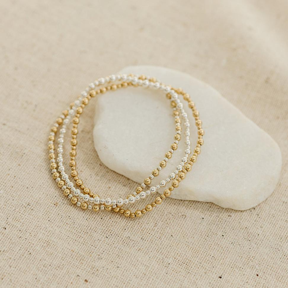 gemma beaded bracelet, small business, handmade, michigan made, beaded bracelet, elastic bracelet, 14k gold filled bracelet, sterling silver bracelet, mized metal bracelet, gold beaded bracelet, silver beaded bracelet, mixed metal jewelry, mixed metal beaded bracelet, unique jewelry, trendy jewelry