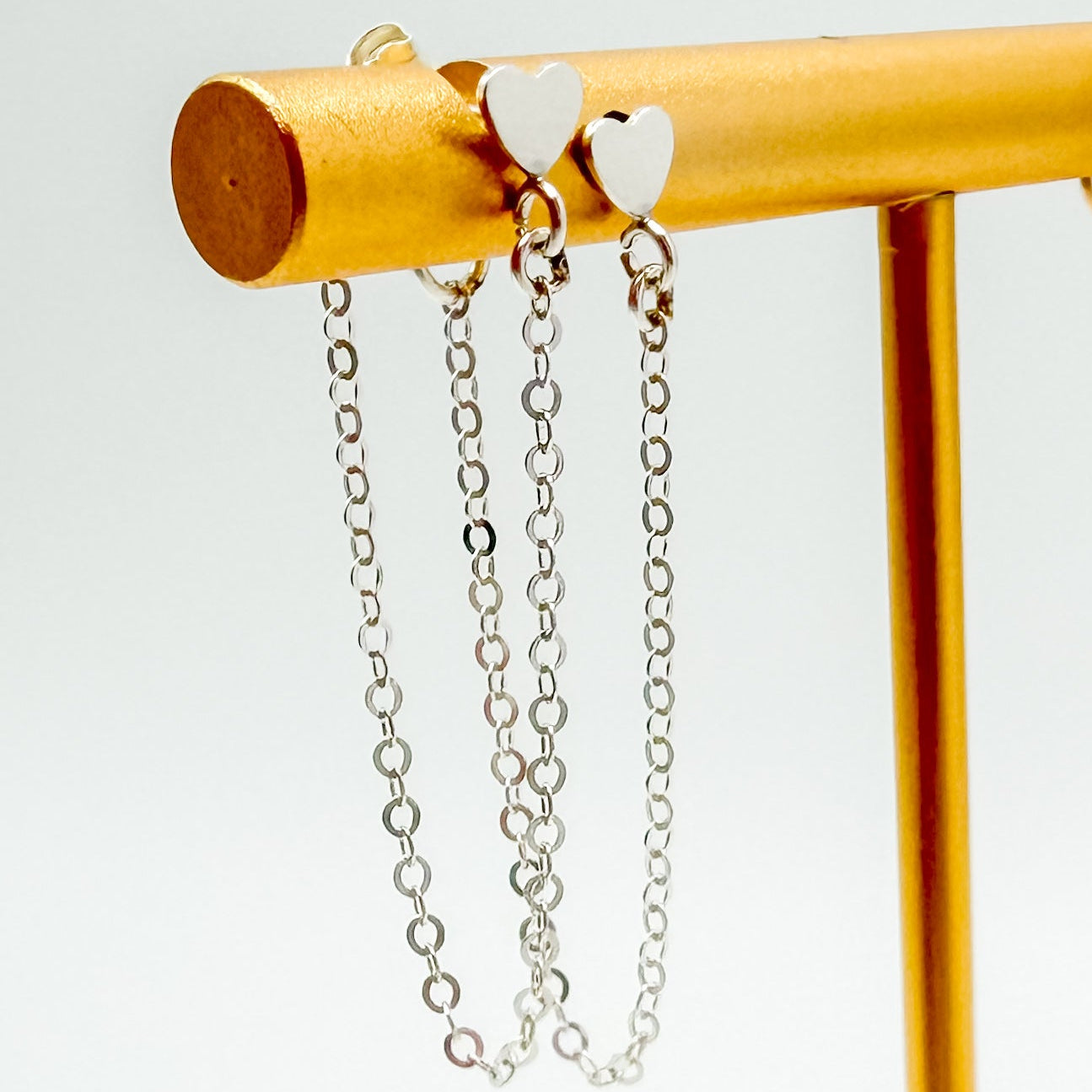 sterling silver chain earrings, gold-filled chain earrings, heart stud with drop chain earrings
