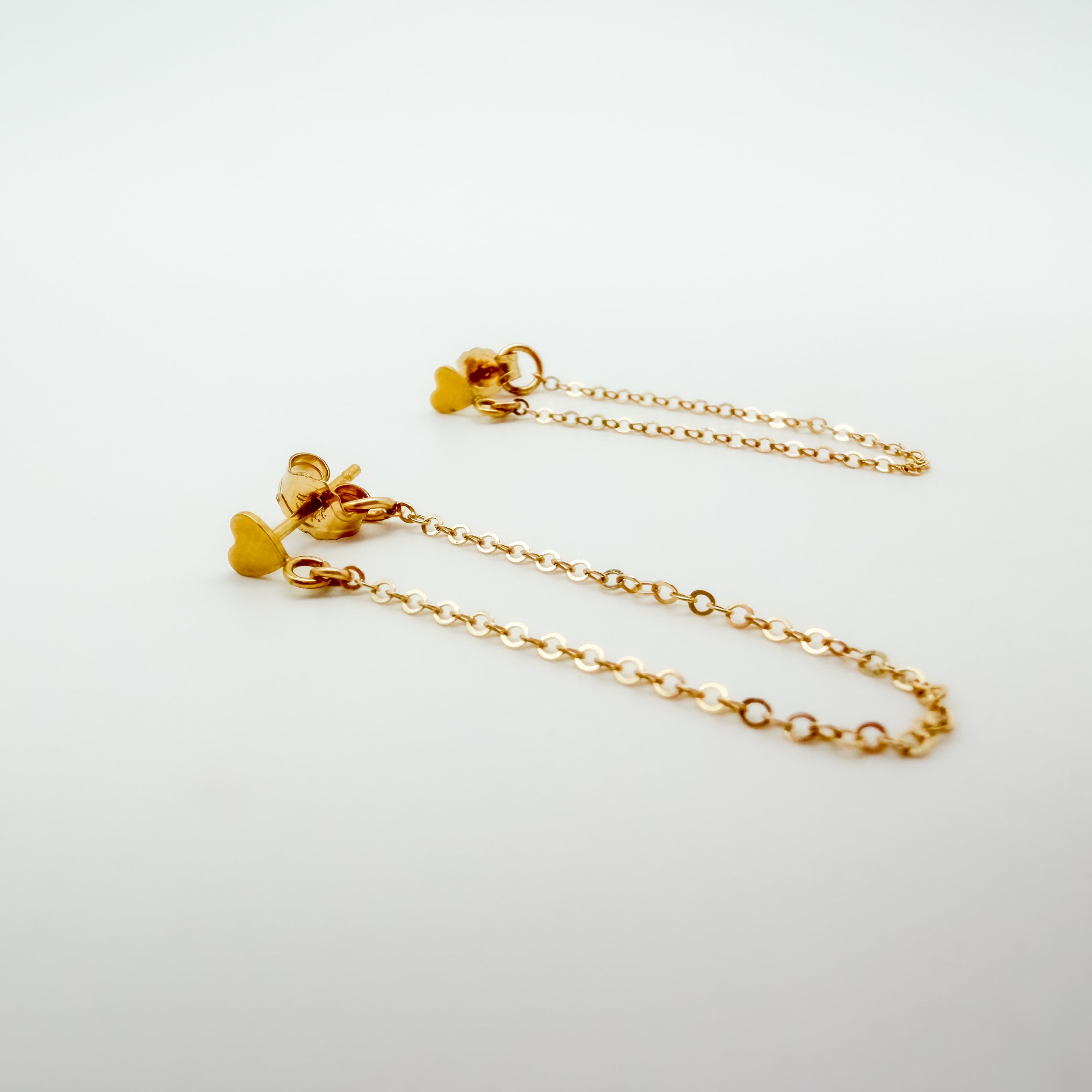 sterling silver chain earrings, gold-filled chain earrings, heart stud with drop chain earrings