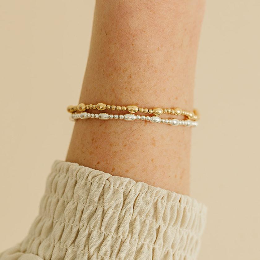 Penelope beaded bracelet, small business, handmade, beaded bracelet, elastic bracelet, 14k gold-filled bracelet, sterling silver bracelet, gold beaded bracelet, silver beaded bracelet, unique jewelry, unique beaded bracelet, oval jewelry beads, michigan made