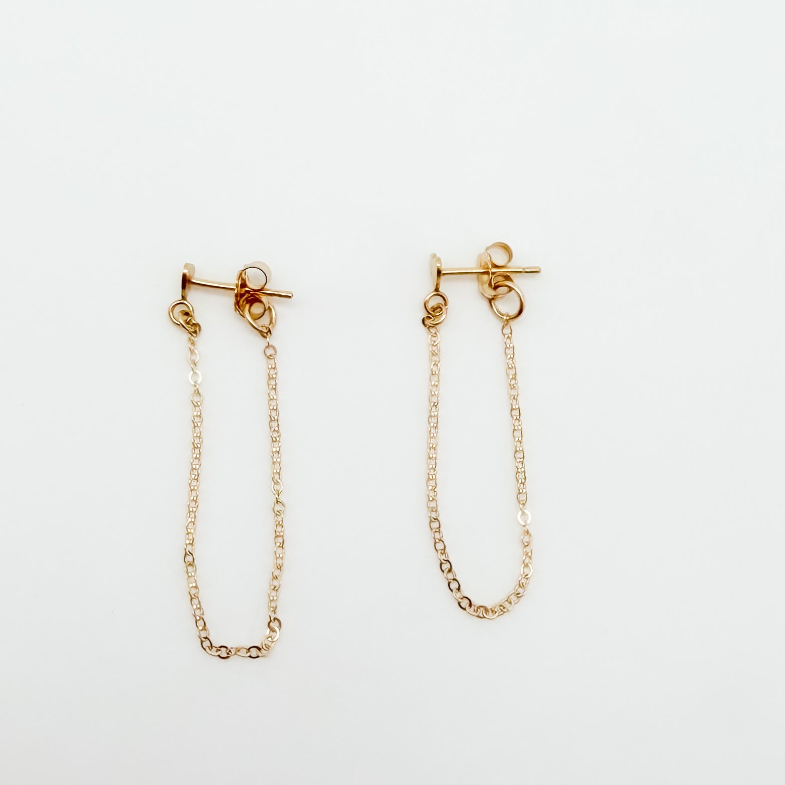 sterling silver chain earrings, gold-filled chain earrings, heart stud with drop chain earrings