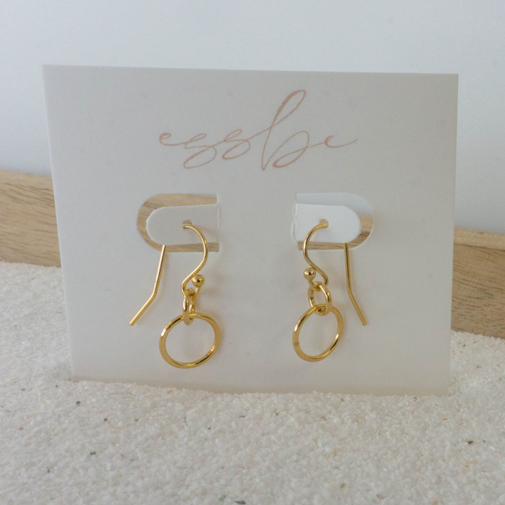 dangle gold-filled earrings with intertwining circles, hoops, gold-filled hoops, small business, essbe, gold filled earrings, waterproof earrings