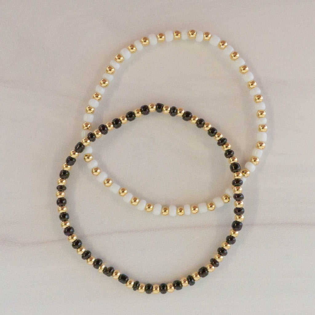 Seeded beaded bracelet, white, made in michigan, gold-filled bracelet, Seeded beaded bracelet, white, made in michigan, gold-filled bracelet, small business, essbe, handmade, dainty jewelry, stackable jewelry, elastic bracelet, beaded bracelet, gold-filled bracelet